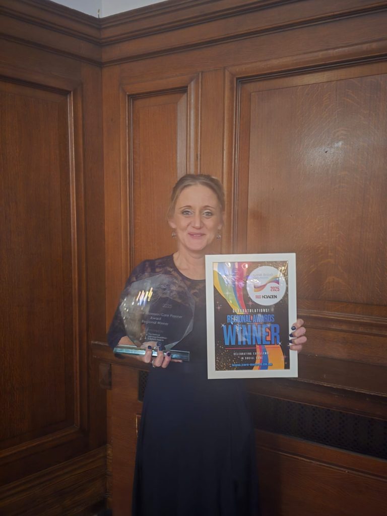 Jamie Pepper, Deputy Manager at Ashton Manor care home celebrates a regional win at the Great British Care Awards 2025 